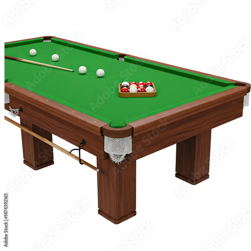 billiard table with balls and cue