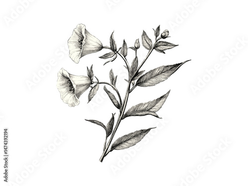 Botanical bellflower illustration, vintage sketch decor, antique flower stem engraving, hand-drawn floral motif, retro etching style, nature line drawing, black and white floral art