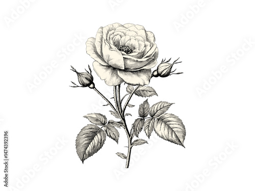 Antique rose sketch, vintage botanical drawing, Victorian floral print, retro garden flower art, detailed hand-drawn engraving, blooming rose line art, aesthetic black ink flower,