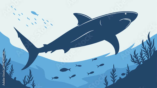 Great white shark silhouette circling, deep blue ocean backdrop.