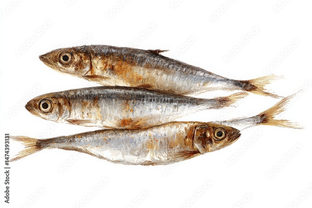 Three small, silvery fish arranged on a white background. Three small, silvery fish arranged on a white background.