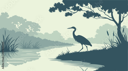 Heron silhouette wading in a still river, reflection perfectly mirrored.