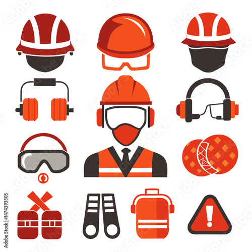 Essential safety equipment vector icons set for construction workers