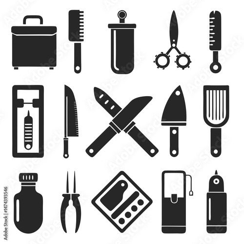 Collection of assorted black and white butcher shop equipment