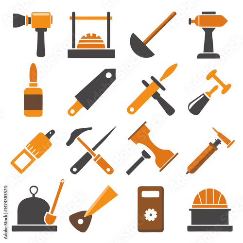 Construction and carpentry tools flat vector icons illustration set