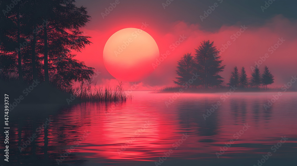 A serene lakeside scene at sunset, with a large, red sun reflecting on calm water, surrounded by misty trees and reeds A serene lakeside scene at sunset, with a large, red sun reflecting on calm water, surrounded by misty trees and reeds
