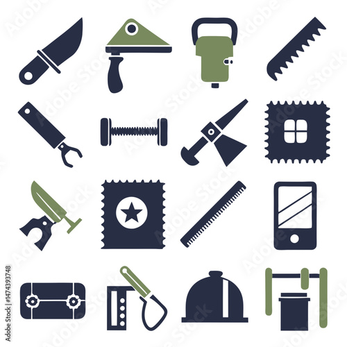 Vector flat icon set of different tools and equipment