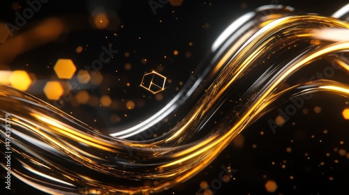 Golden liquid flows, dark bokeh background