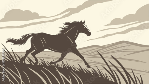 Horse silhouette galloping through a field, dust flying.