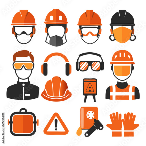 Construction and industrial safety equipment vector flat icon set