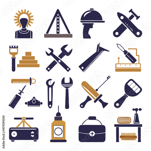 Collection of handyman and home improvement icons in blue, brown