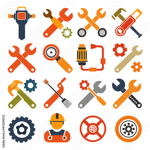 Collection of colorful flat vector mechanic and repair tools