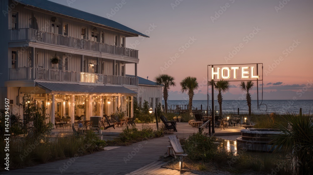 Fototapeta premium Charming beachfront hotel showcases balconies and a bright sign as the evening sky dims. Guests can enjoy the tranquil ambiance and ocean views at this seaside retreat