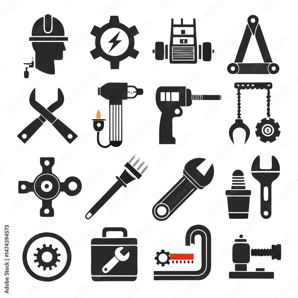 Fototapeta premium Industrial tools and equipment monochrome vector icons set
