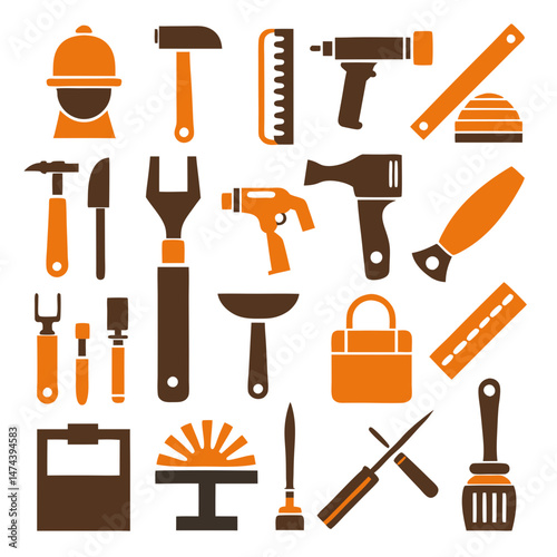 Construction tools and worker helmet in orange brown icons