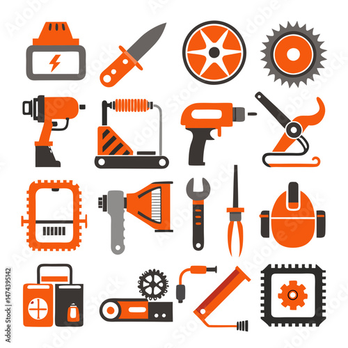Construction and repair tools in orange and grey flat style