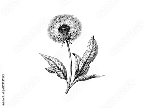 Vintage botanical illustration, dandelion puff engraving, spring flower artwork, hand-drawn nature sketch, antique print decor, old engraving style, summer bloom, black sketch