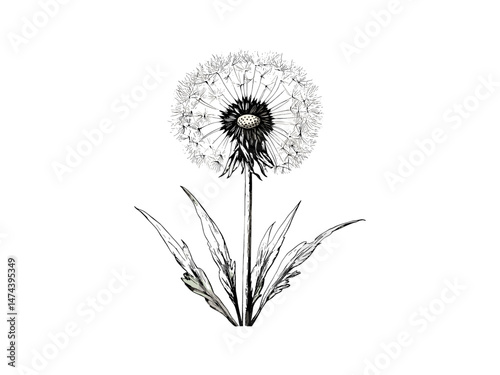 Antique print decor, dandelion puff engraving, vintage botanical floral illustration, hand-drawn nature sketch, black sketch, spring flower, summer bloom, old engraving style, floral artwork