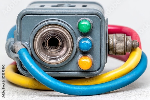 Colorful valve mechanism with multi-colored hoses on a neutral background showcasing industrial design and functionality