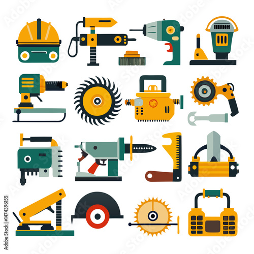 Variety of cartoon construction tools equipment isolated on white