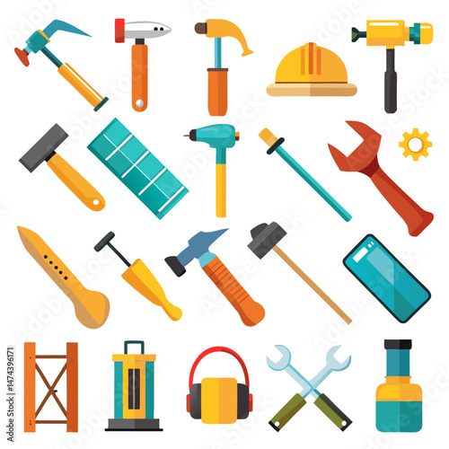 Construction and building hand tools in a flat design style