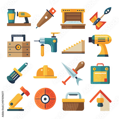 Flat Illustration of various carpentry and construction tools set