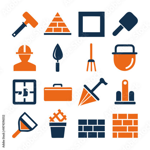 Construction and architecture icons showing equipment and construction elements