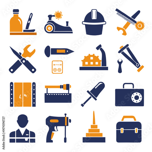 Icon set of various mechanical and engineering tools