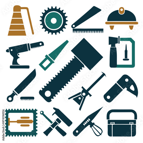 Collection of hand tools and equipment in flat design