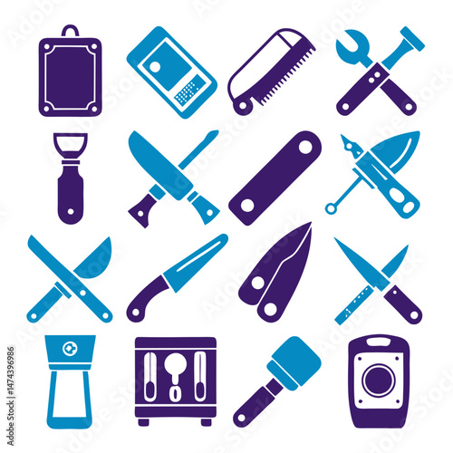 Icon set showcasing kitchen and workshop tools in two colors
