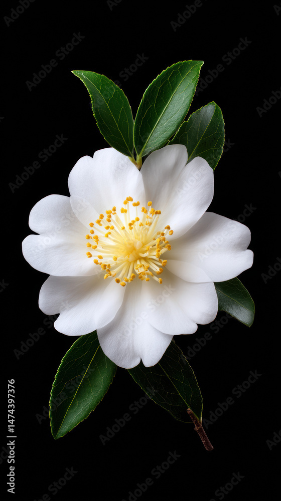 Obraz premium A pristine white camellia flower with delicate petals and a vibrant yellow center is elegantly displayed against a stark black backdrop with lush green leaves.