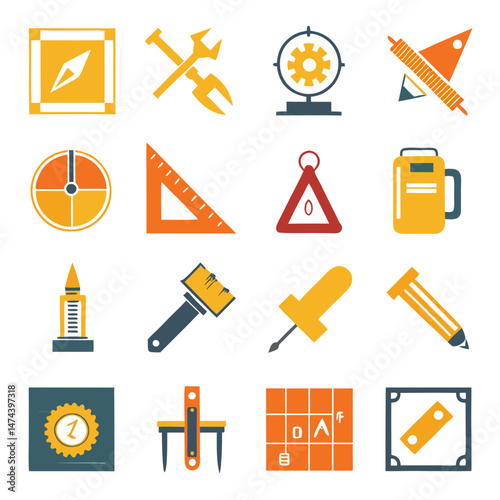Assorted drafting tools icons set in vibrant colors
