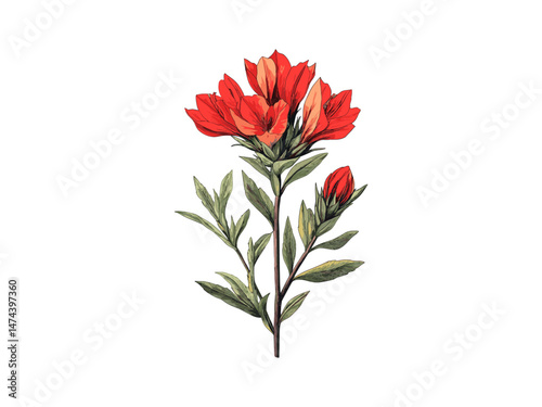 Engraving of Indian Paintbrush flower, hand-drawn floral sketch, vintage botanical art, trendy decor, summer flower, nature, flora, old engraving style, black sketch, spring bloom