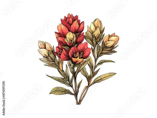 Vintage engraving of Indian Paintbrush flower, trendy decor, black sketch, hand-drawn floral, summer flower, nature, old engraving style, botanical art, spring flora, artistic flower illustration.
