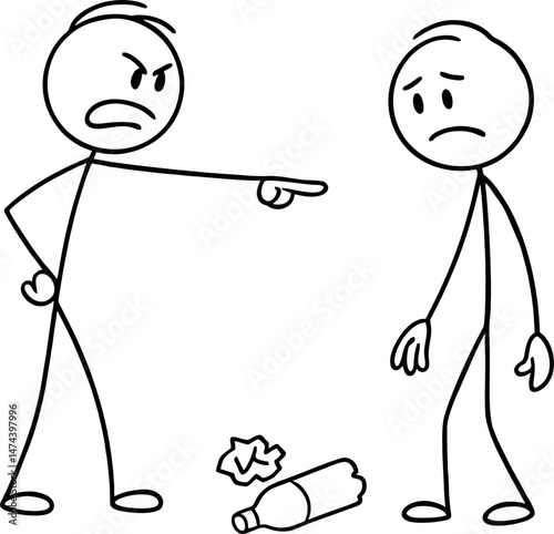 Angrily pointing at another stick figure who has just thrown trash on the ground