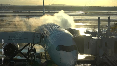 航空機に凍結防止剤を吹き付けているシーン 早朝の北海道 千歳空港