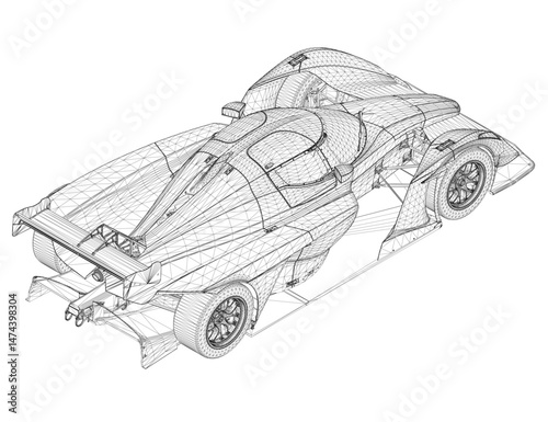 A drawing of a race car with a lot of detail. The car is a sports car with a sleek design and a long wheelbase. The drawing is in black and white, giving it a classic and timeless feel. Isometric view