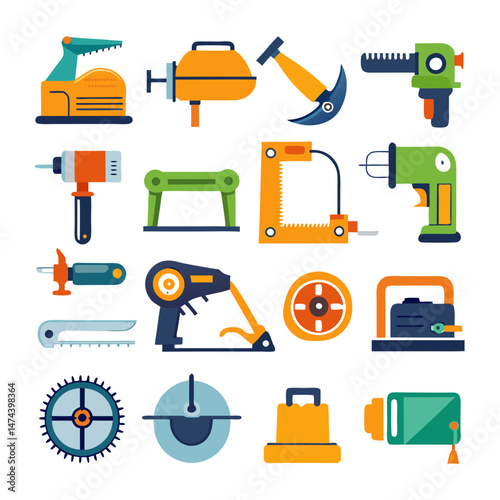 Illustration of Various Carpentry and Industrial Tools with Bold Colors