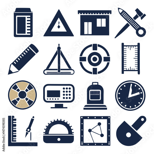Dark blue icons representing diverse engineering and building elements