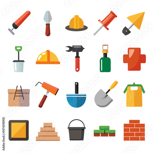 Construction tools vector icons on white background. Flat design