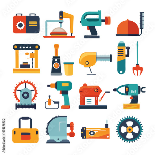 Collection of stylized tools in various colors on white backdrop