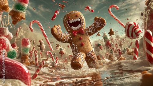 Gingerbread man with candy canes and sweets in a surreal fantasy landscape.