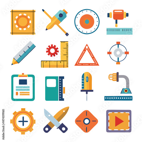 Collection of colorful equipment for construction and industry works