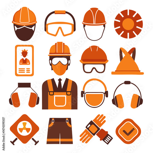Construction worker safety gear and uniform flat icons set