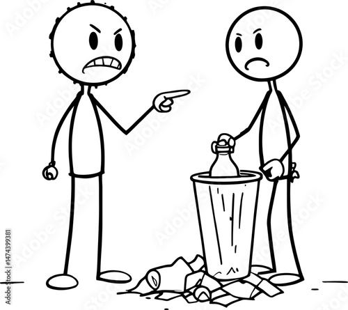 Angrily pointing at another stick figure who has just thrown trash on the ground