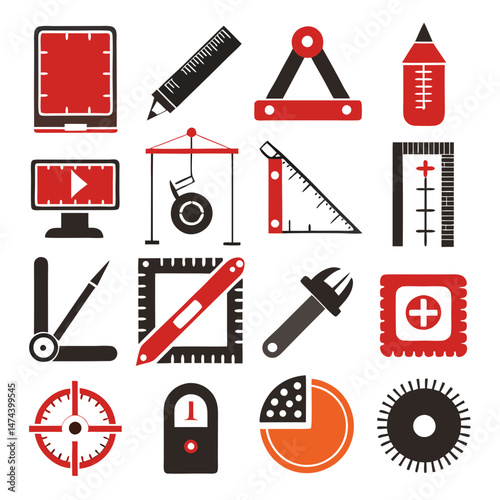 Red and black construction tools graphic icons collection