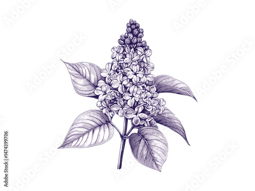 Detailed lilac flower engraving, vintage botanical sketch, hand-drawn floral art, nature print, spring flower, black sketch, trendy decor, summer bloom, antique illustration, flora