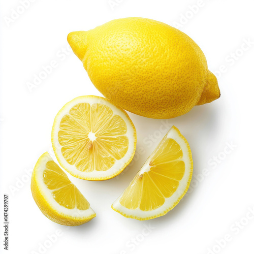 Whole lemon with wedges scattered around highlighting natural texture and shine on white background
