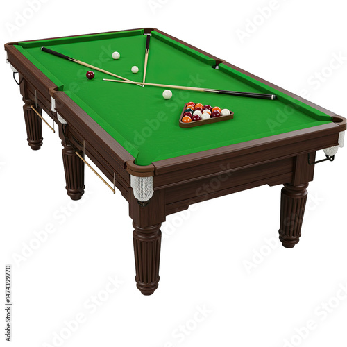 billiard table with balls and cue