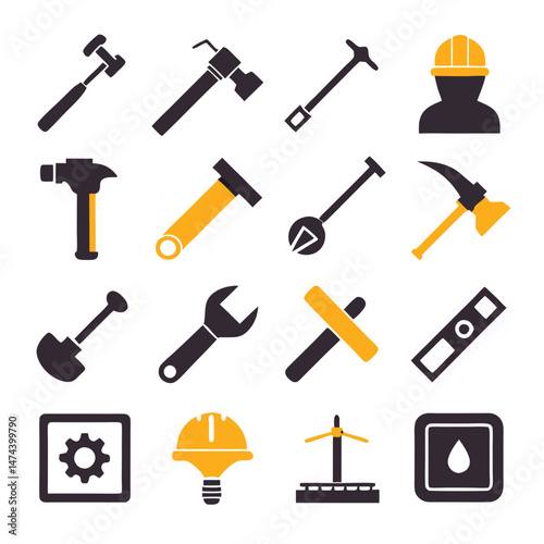 Construction tools and industry equipment icons on white background